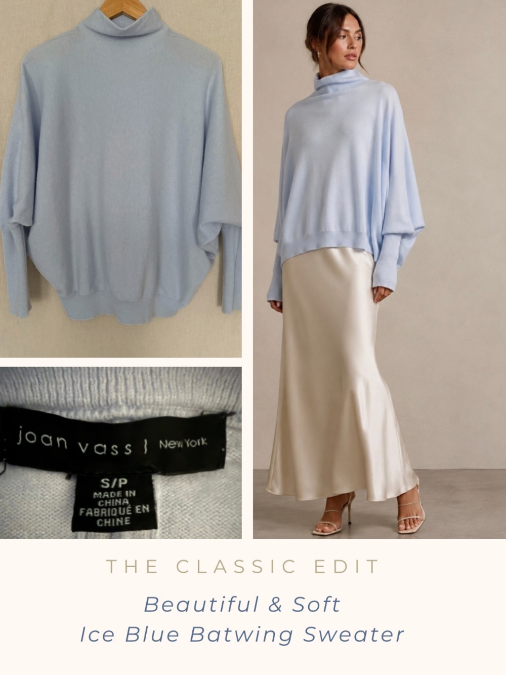 Joan Vass Light Ice Blue Batwing High Neck Sweater